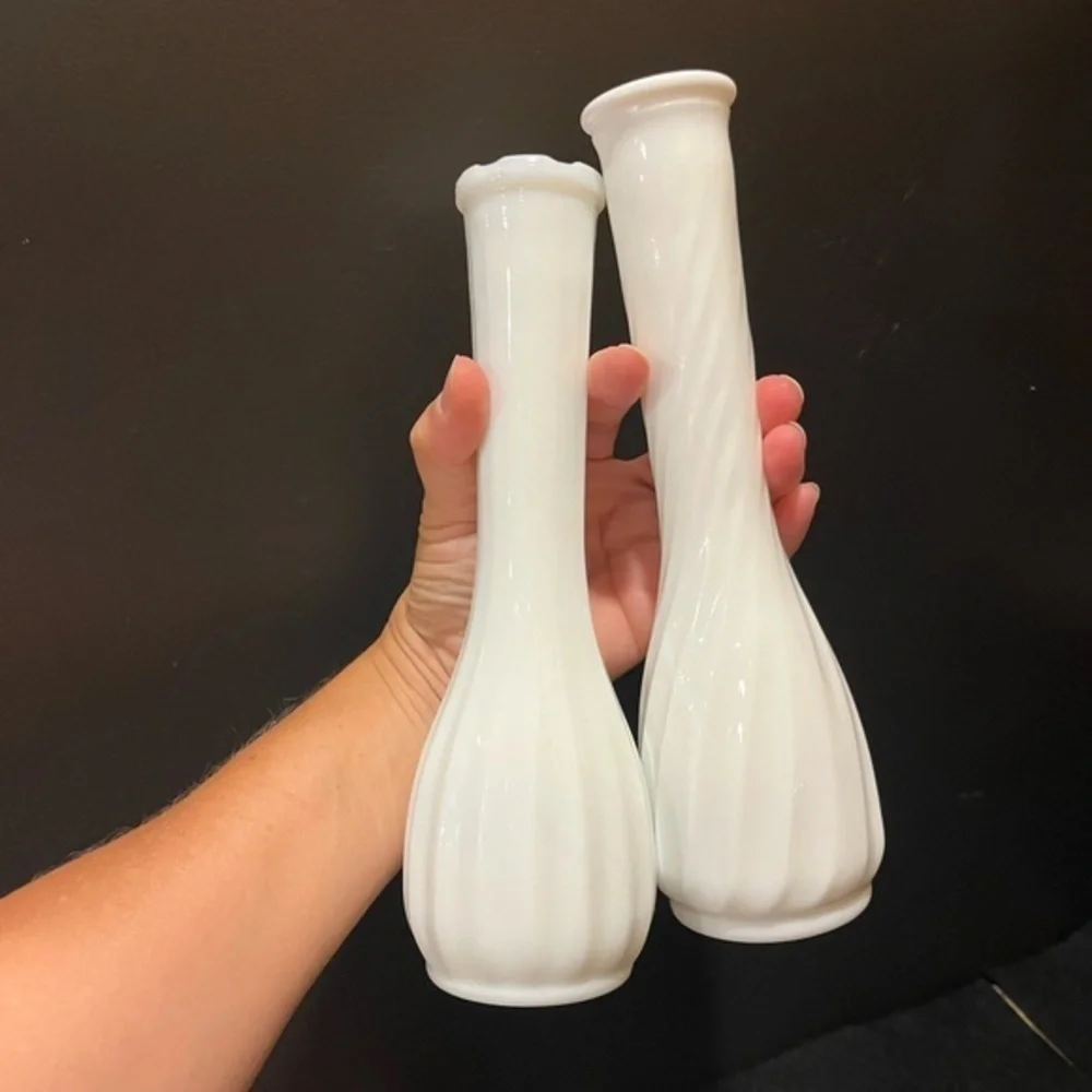 Vintage Milk Glass Bud Vases Straight Ribbed and Swirled Ribbed Set of Two